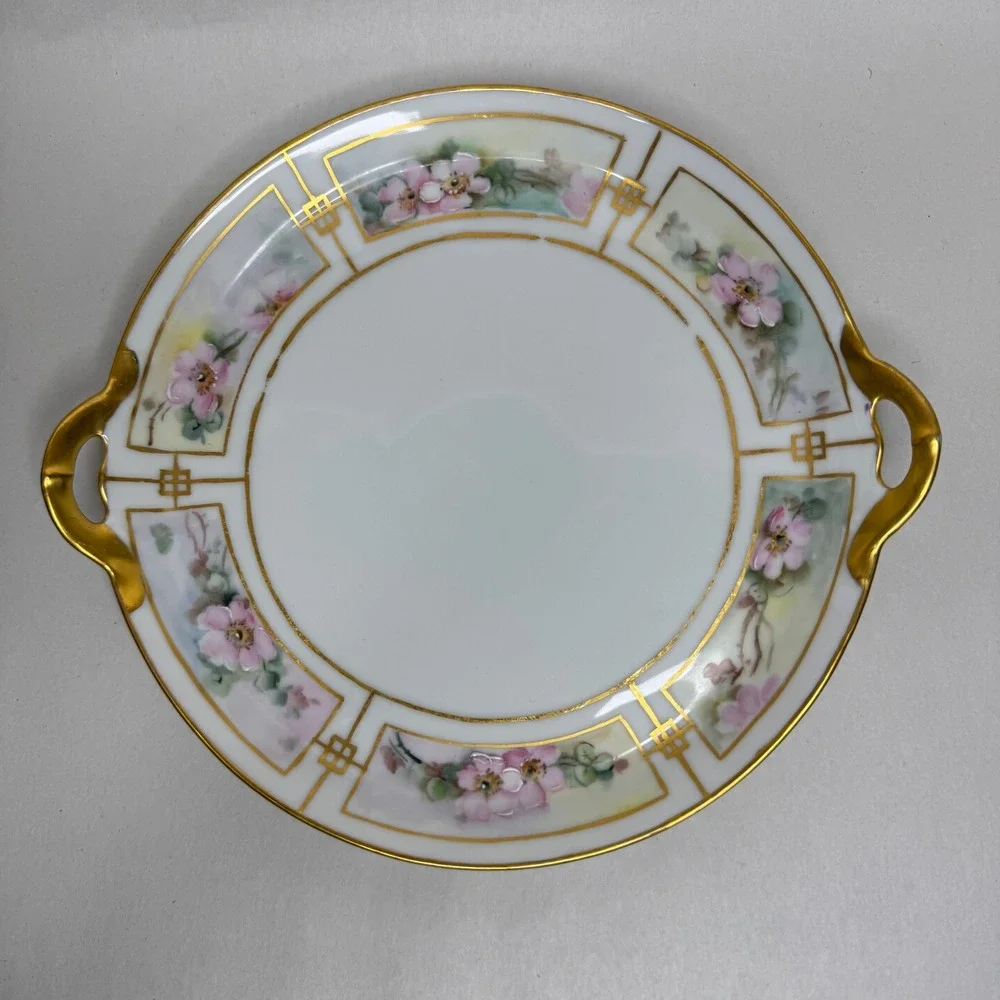 Vintage Bavaria Hand‎ Painted Porcelain Plate Pink Floral Gold Trim Handles